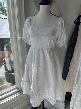 VERTICHE White Eyelet Puff-Sleeve Square Neck Babydoll Dress Cotton Size Large